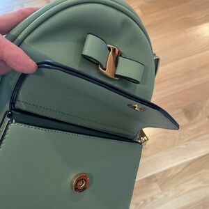 Mini backpack purse, bow detail, light Spanish olive, like new